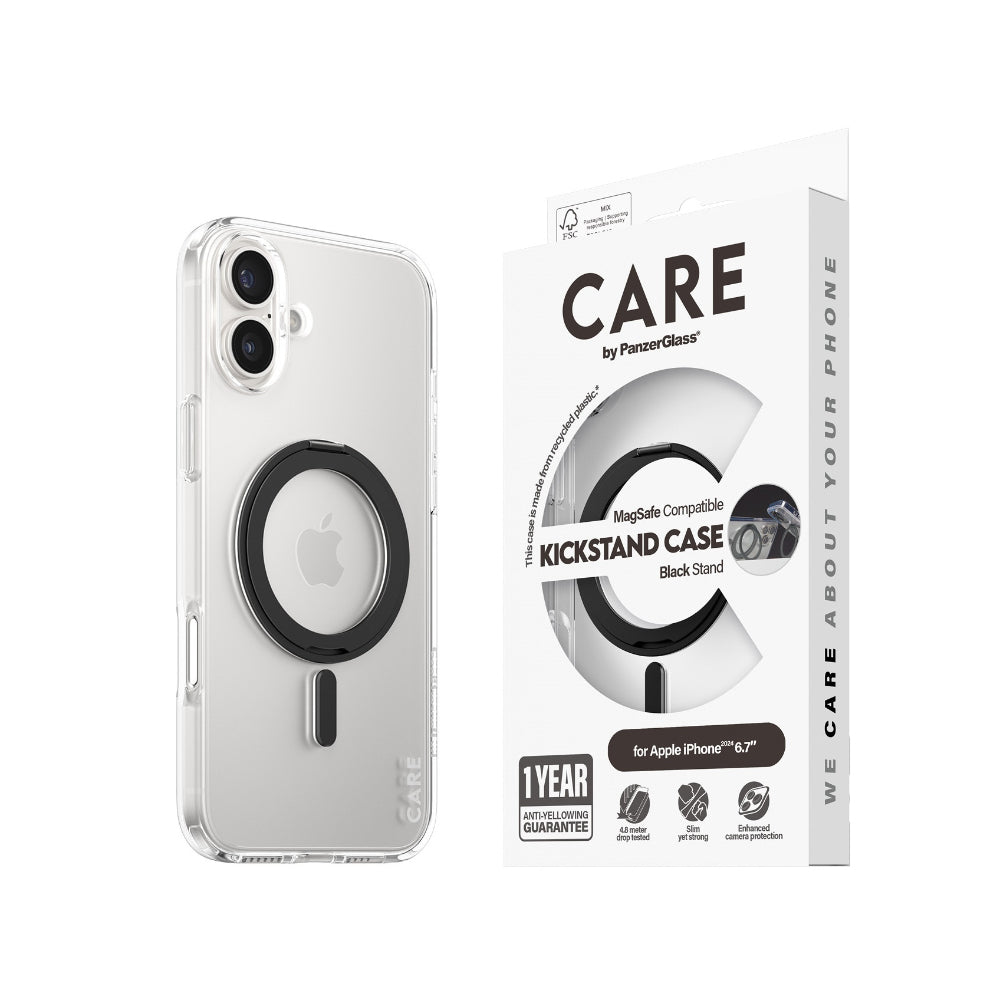 PanzerGlass CARE MagaSafe & KickStand Compatible Case for Apple iPhone 16 Plus - Black