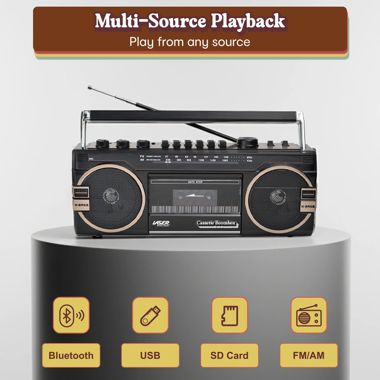 Laser Retro Cassette Boombox with AM FM Radio - Black