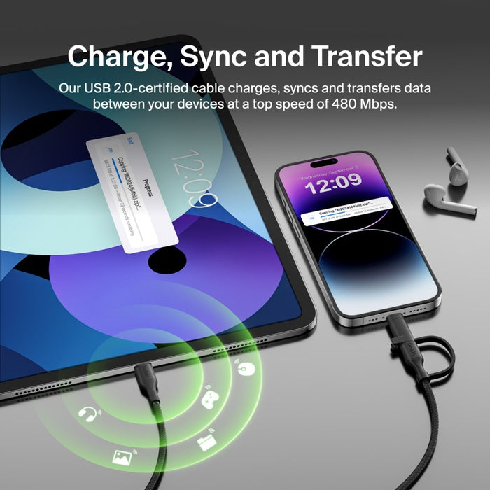 Belkin BoostCharge Pro 2in1 Cable with USB-C and Lightning Connector- Black