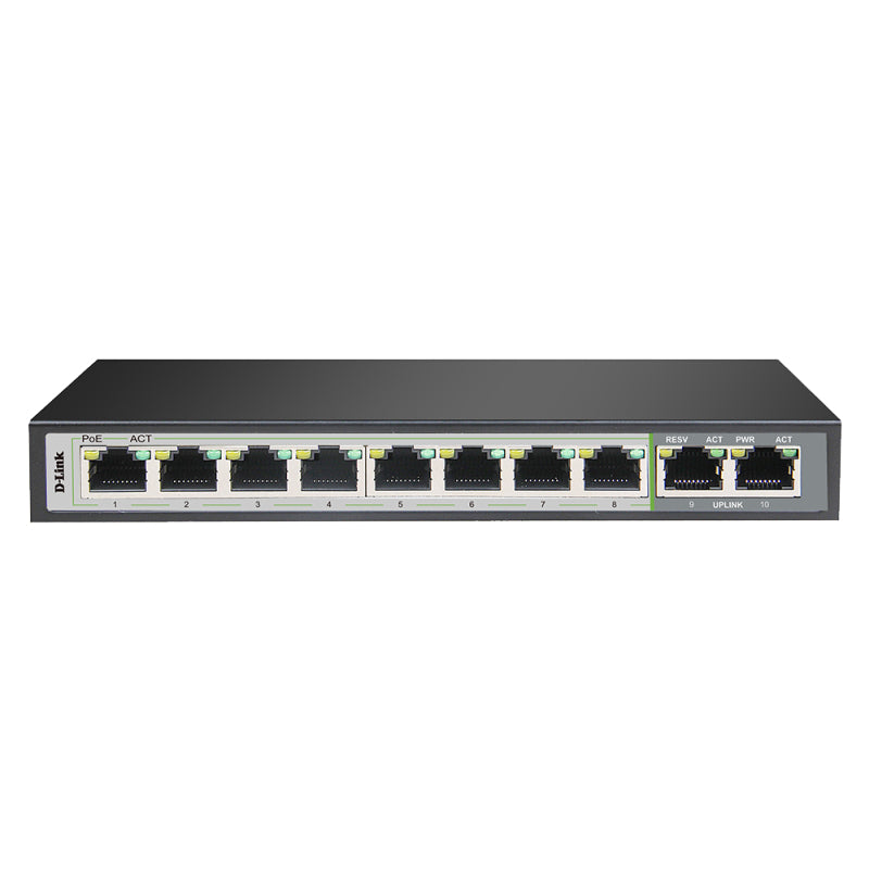 D-Link 10-Port Gigabit PoE Switch with 8 Long Reach PoE Ports and 2 Uplink Ports - Black