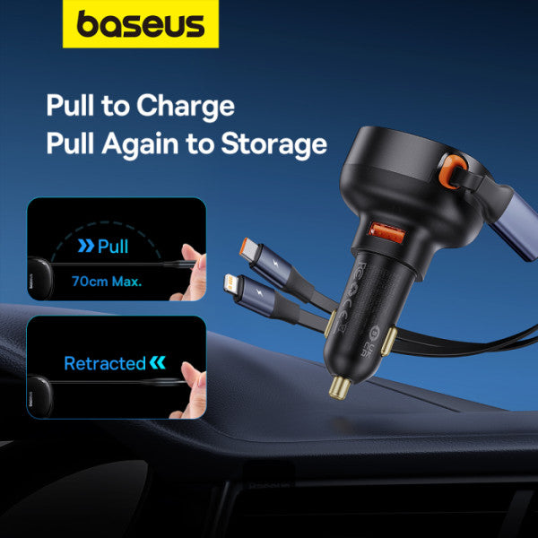 Baseus Enjoyment Pro Series Car Charger USB-A Port + Type-C & Lightning Retractable Cable 60W  - Black