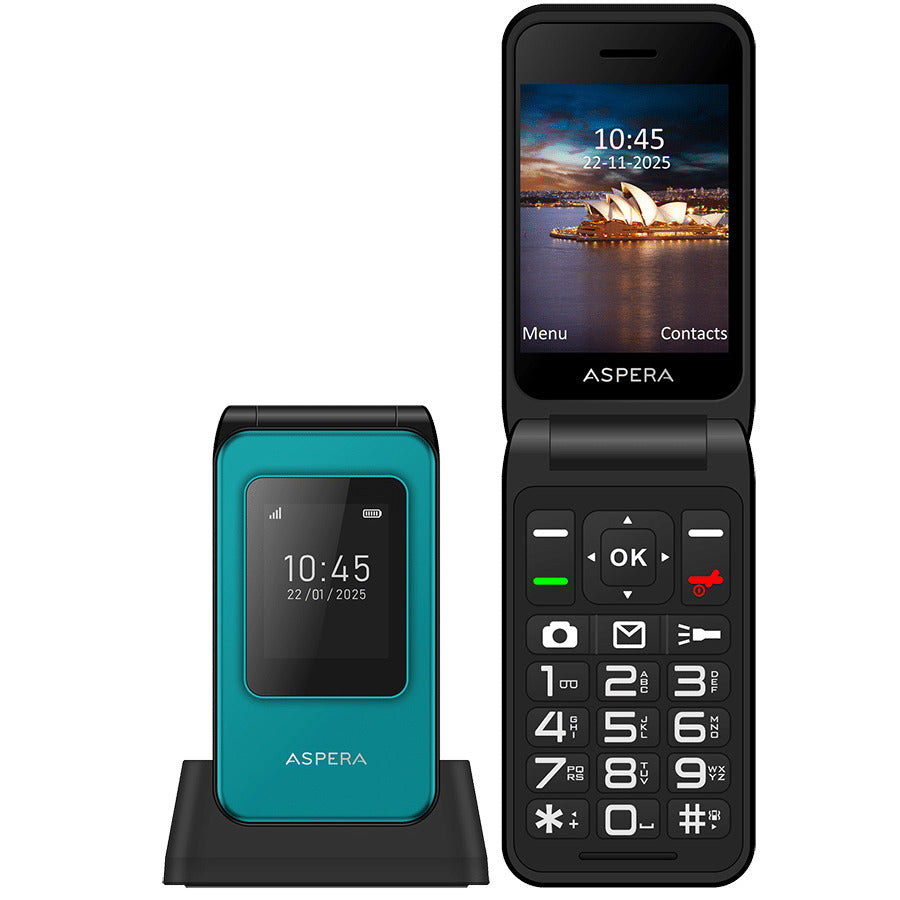 OPEN BOX: Aspera F46+ (F46 Plus) Seniors 4G BIG button FLIP mobile phone with CRADLE- Black / Green