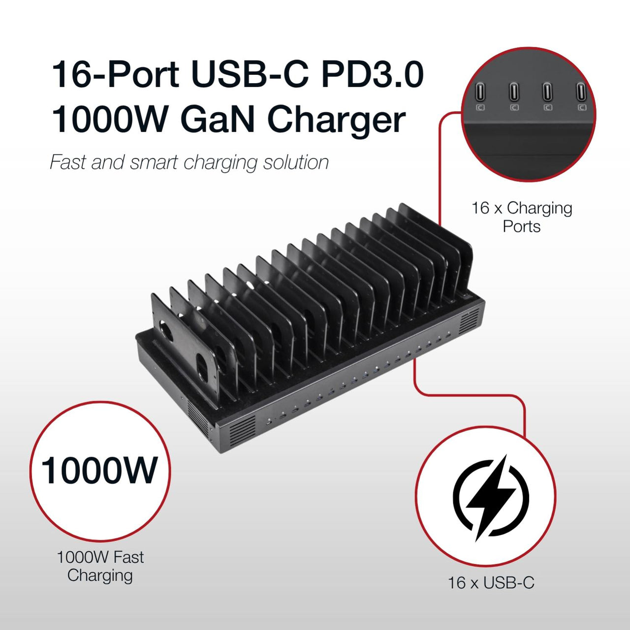 Shintaro 16-Port USB-C PD3.0 1000W GaN Charging Dock for Smartphone, Tablet, & Notebook Devices & Smart Power