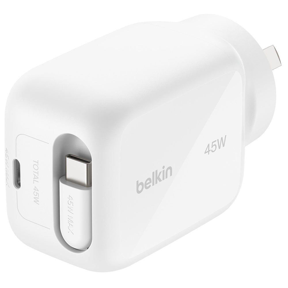 Belkin BoostCharge Pro Wall Charger 45W GaN with retractable cable - White