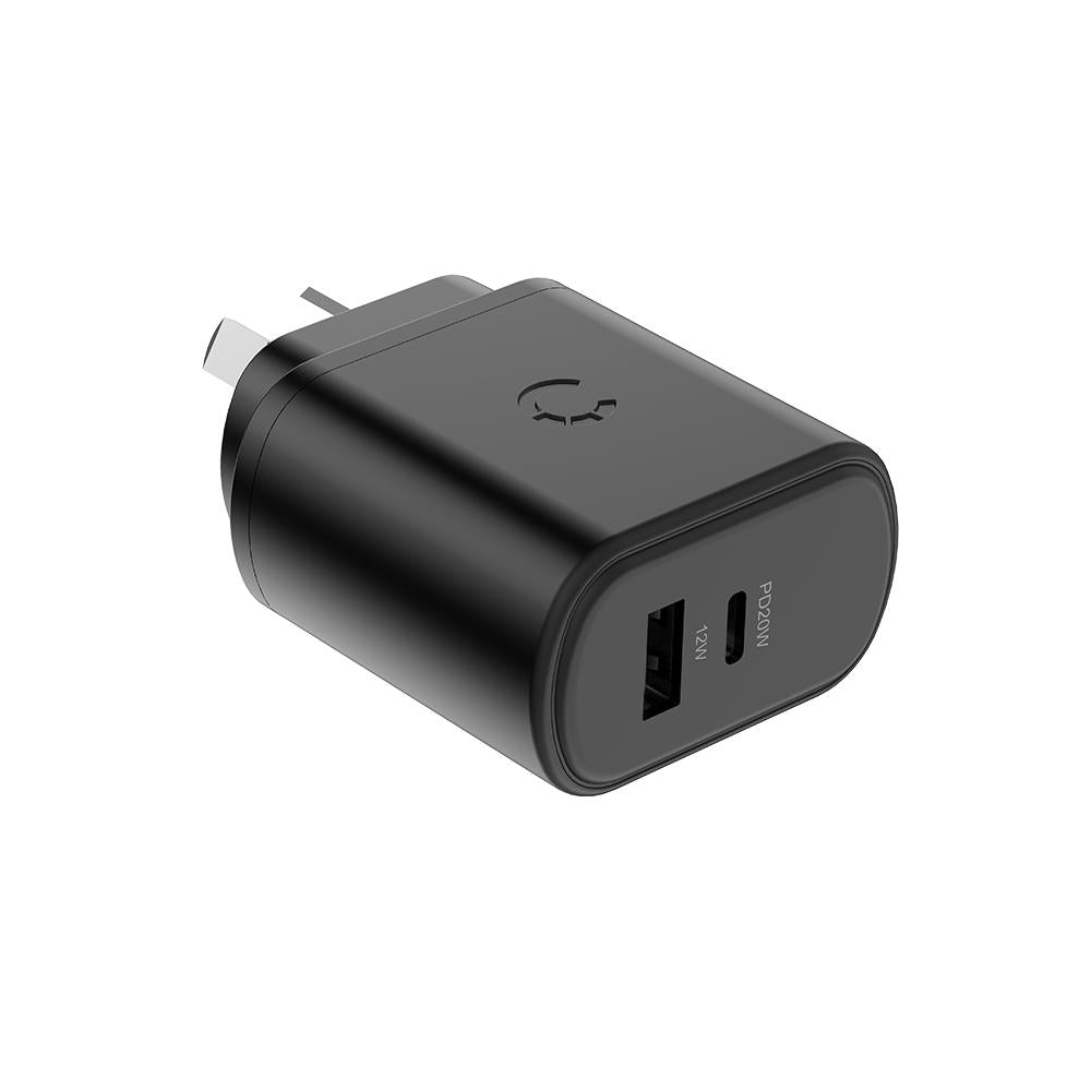Cygnett PowerPlus 32W USB-C PD + USB A (20W USB-C + 12W USB-A) Wall AC Charger - Black