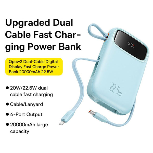 Baseus Qpow2 Dual-Cable Digital Display Fast Charge Power Bank 20000mAh 22.5W - Blue
