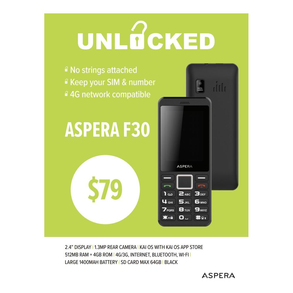 Aspera F30 4G Senior Friendly Button Candy Bar Phone Unlocked - Black