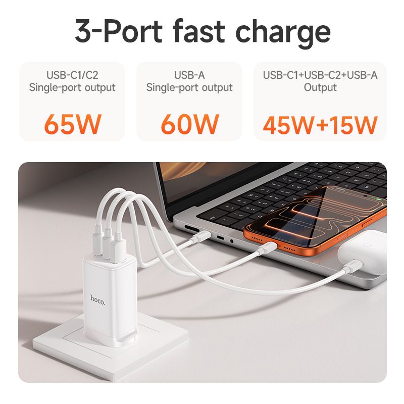 HOCO DNU5 GaN 65W 3-in-1 Power Aadapter With Smart IC - White