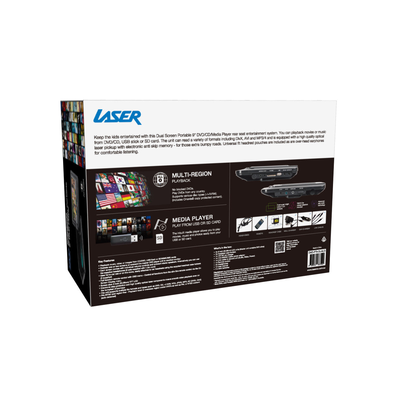 Laser 9" Dual Screen Portable DVD Player for Car- Black