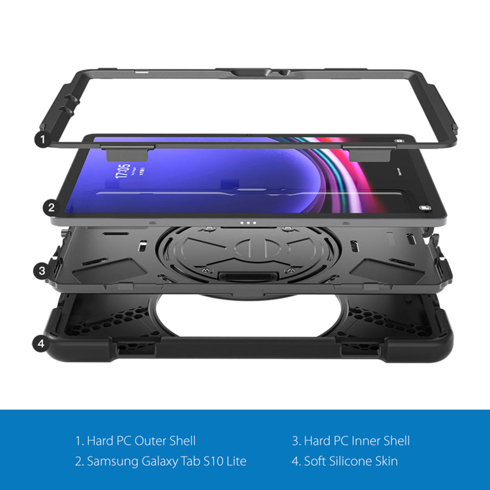 Samsung (Strike) Rugged Case with Hand Strap and Lanyard for Galaxy Tab S10 Lite/S10 FE/S9 FE/S9/S8/S7 - Black