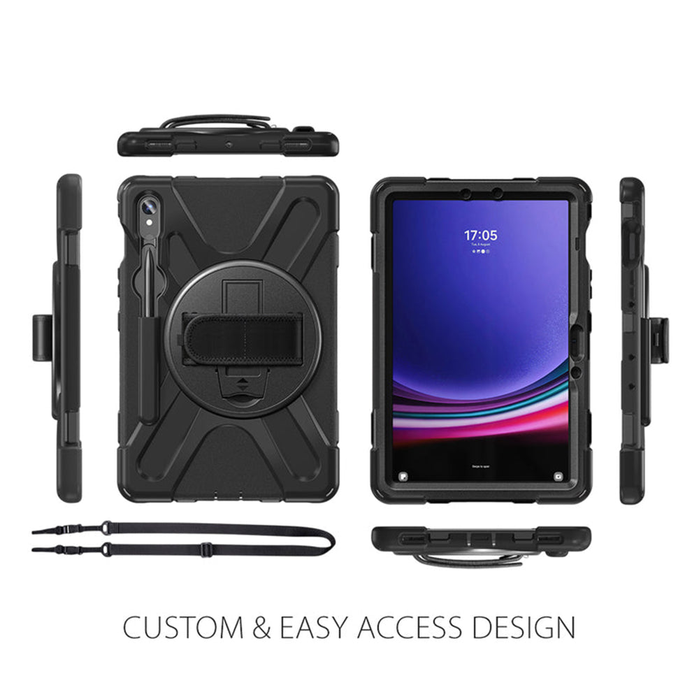 Samsung (Strike) Rugged Case with Hand Strap and Lanyard for Galaxy Tab S10 Lite/S10 FE/S9 FE/S9/S8/S7 - Black