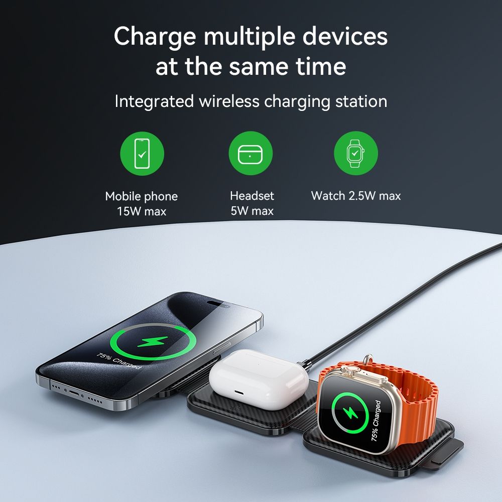 Hoco CQ11 15W 3 in 1 Folding Magnetic Wireless Fast Charger - Black