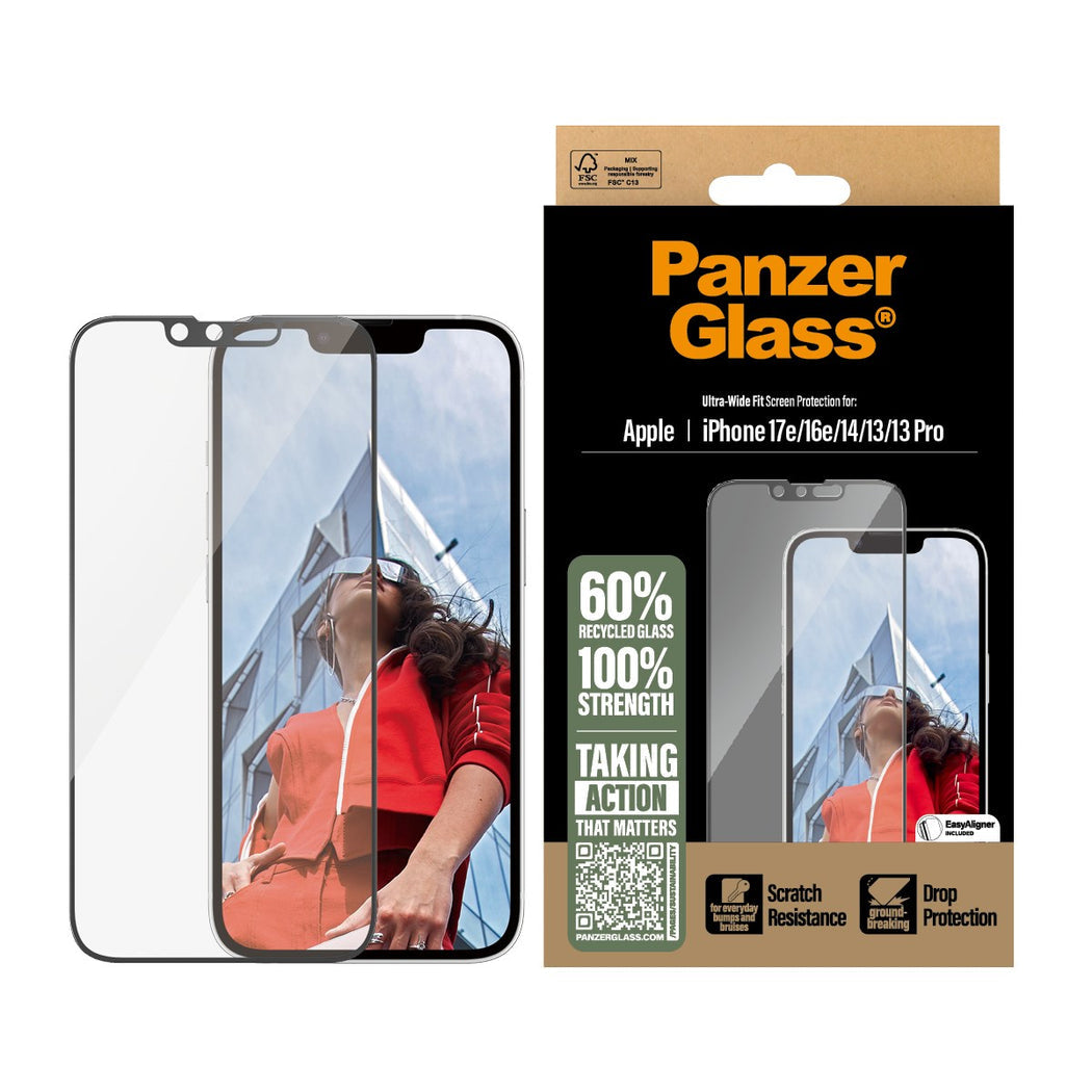 PanzerGlass Ultra-Wide Fit Screen Protector for iPhone 13/13Pro/14/16e - Clear