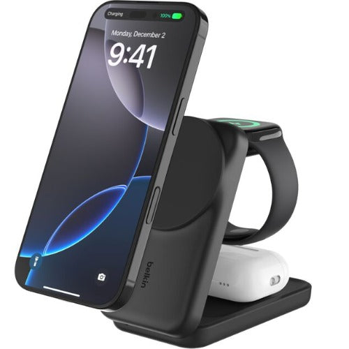Belkin UltraCharge 3-in-1 Foldable Magnetic Wireless Charger With Qi2 + 45W USB-C Wall Charger + USB-C Cable - Black