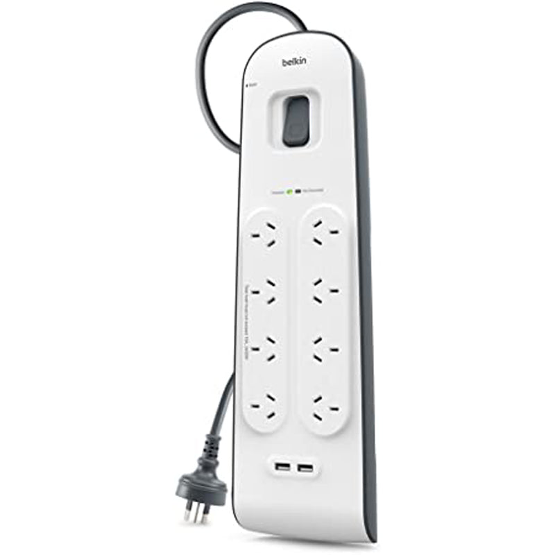 Belkin 8-Outlet Surge Protection Powerbaord 2 x USB Charging Ports - White/Grey