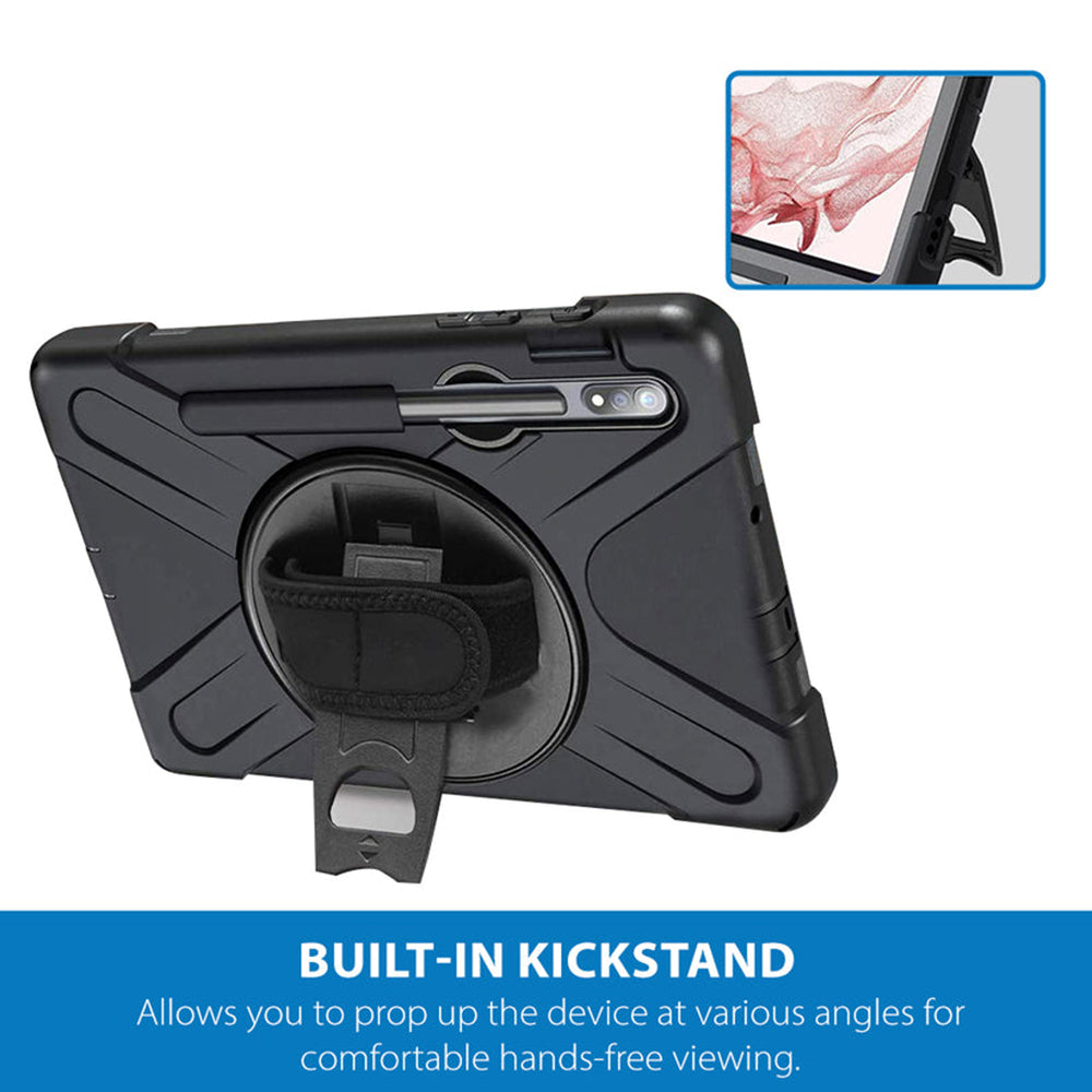 Samsung (Strike) Rugged Case with Hand Strap and Lanyard for Galaxy Tab S10 Lite/S10 FE/S9 FE/S9/S8/S7 - Black