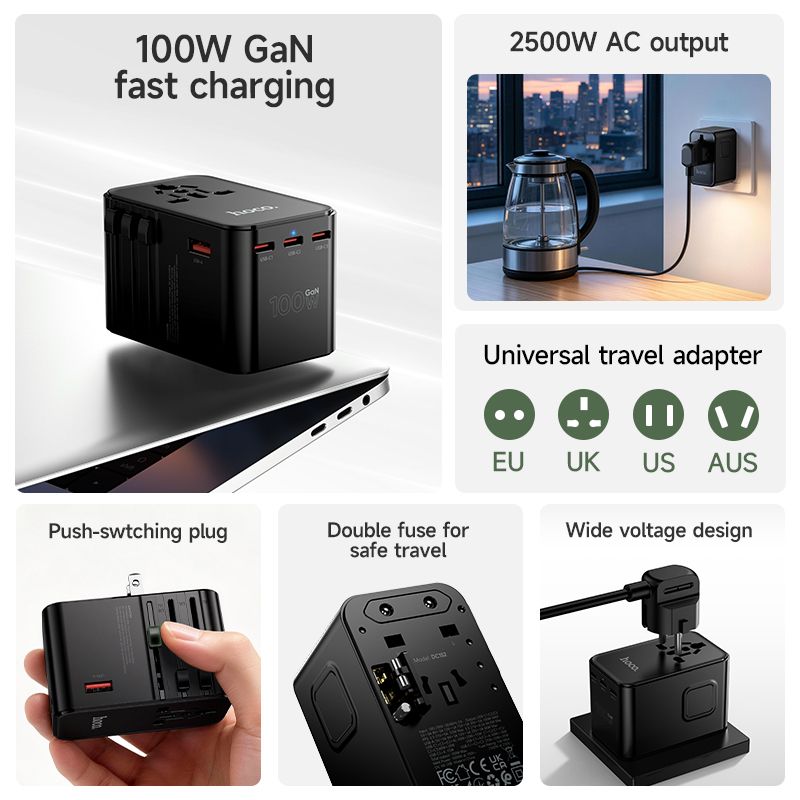 Hoco Travel Adapter 100W GaN with Fast Charging 4 Port Type-C and USB-A  - Black