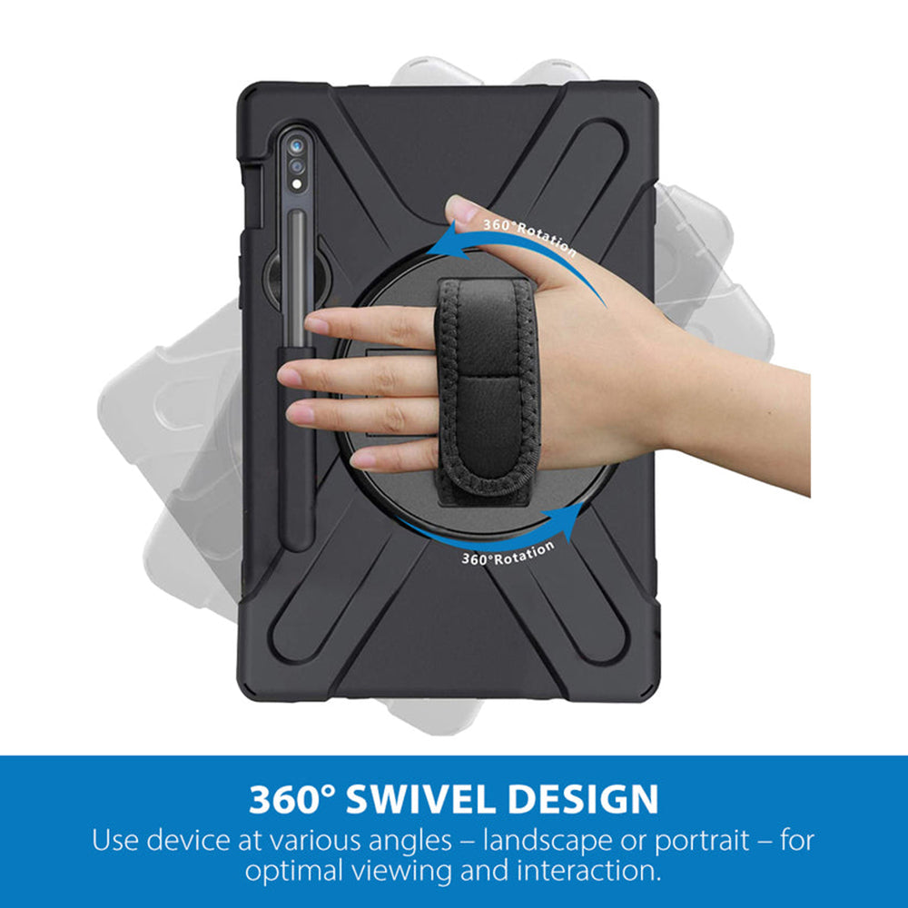 Samsung (Strike) Rugged Case with Hand Strap and Lanyard for Galaxy Tab S10 Lite/S10 FE/S9 FE/S9/S8/S7 - Black