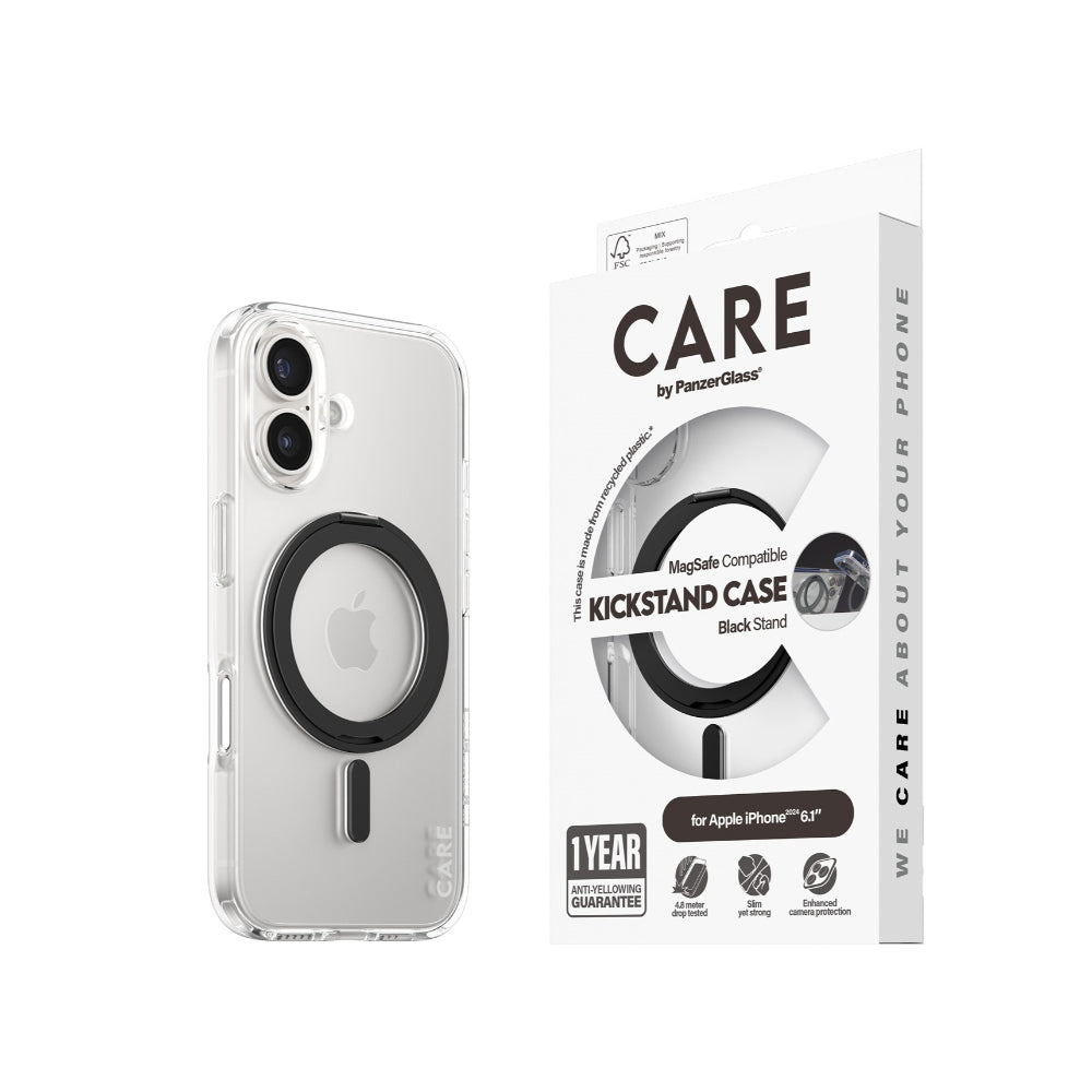 PanzerGlass CARE MagaSafe & KickStand Compatible Case for Apple iPhone 16- Black