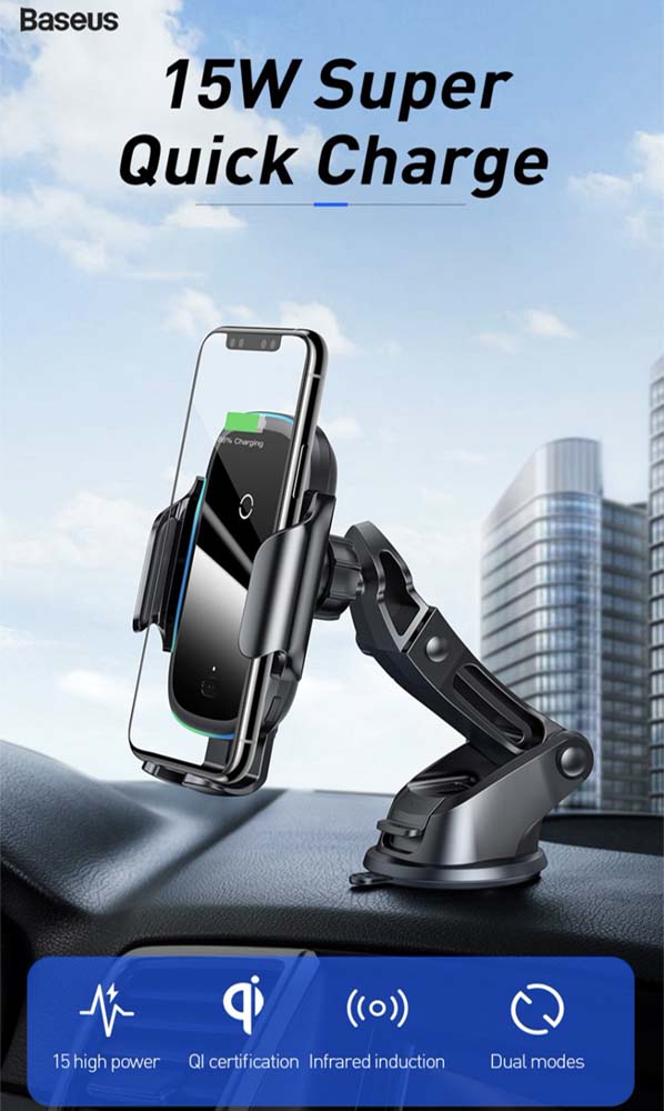 Baseus 15W Wireless Fast Charger Air Vent & Suction Car Mount with Sensor Clamp