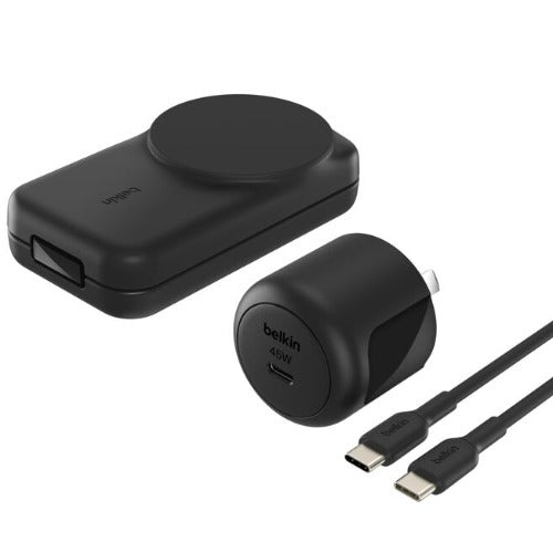 Belkin UltraCharge 3-in-1 Foldable Magnetic Wireless Charger With Qi2 + 45W USB-C Wall Charger + USB-C Cable - Black
