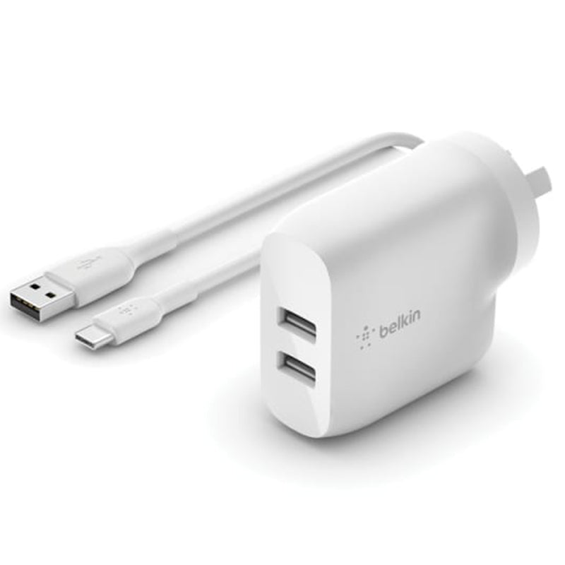 Belkin 24W Dual Wall Charger and USB-A to USB-C Cable - White