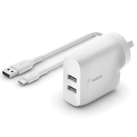 Belkin 24W Dual Wall Charger and USB-A to USB-C Cable - White
