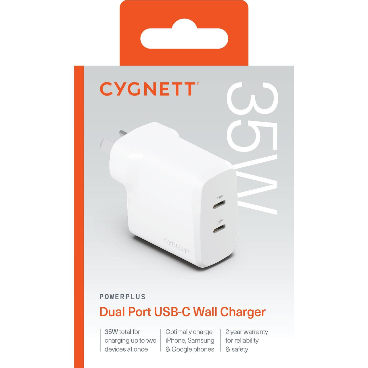 Cygnett PowerPlus 35W Dual Port USB-C Wall Charger - White
