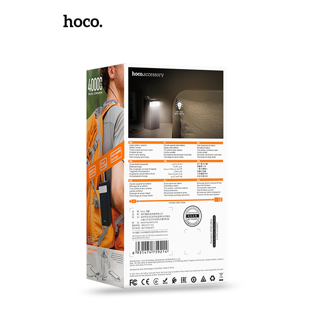Hoco 40000mAh QC3.0 22.5W PD Big Powerbank Battery w LED Lamp Outdoors- Black