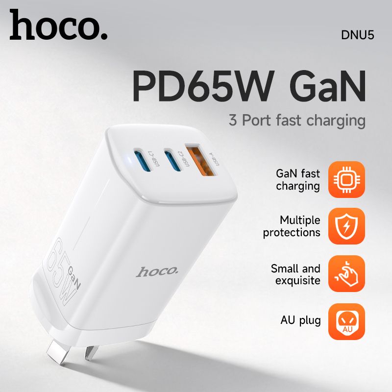 HOCO DNU5 GaN 65W 3-in-1 Power Aadapter With Smart IC - White