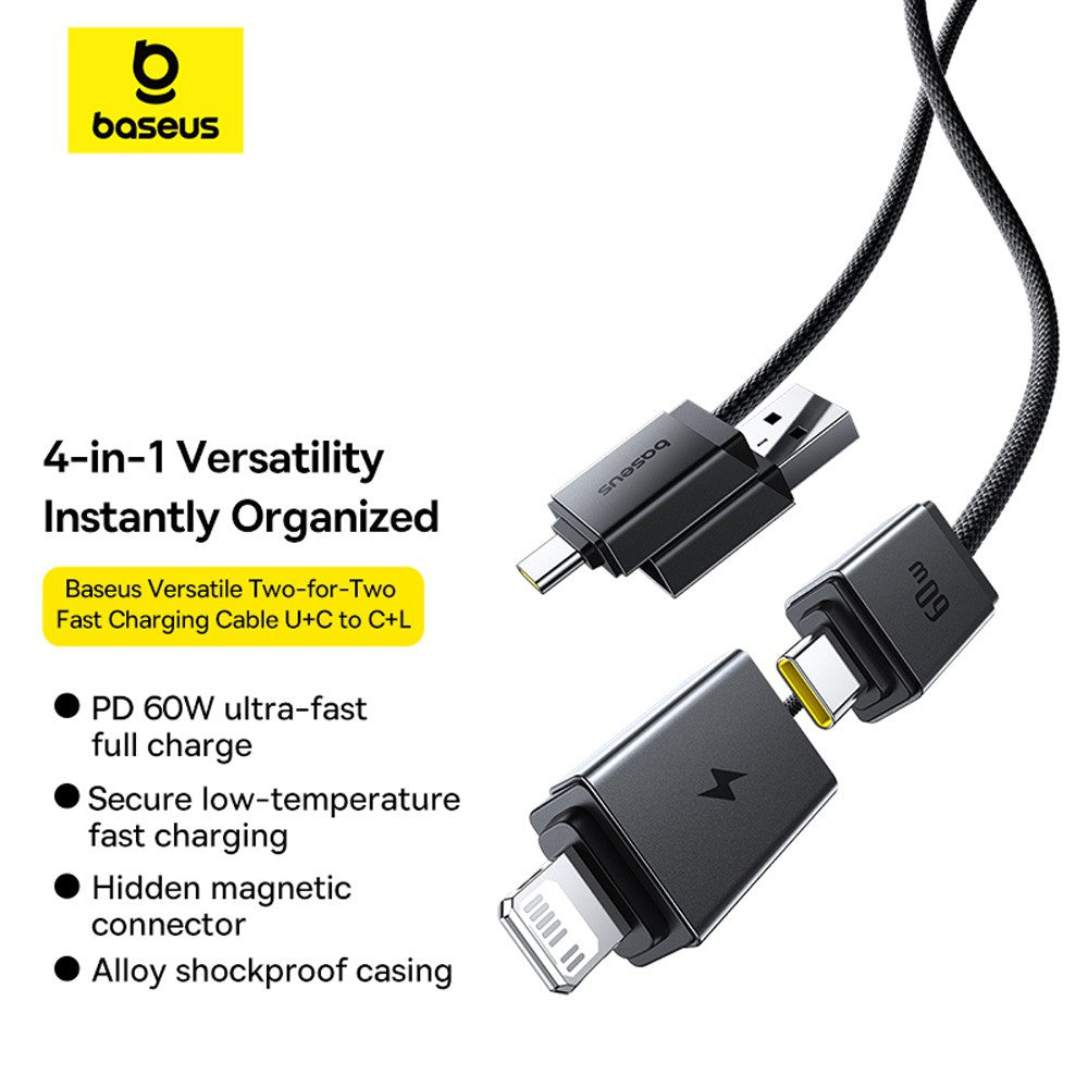 Baseus Versatile Two-for-Two Fast Charging Cable U+C to C+L 60W 2M for 15 / 16 / 17 Series