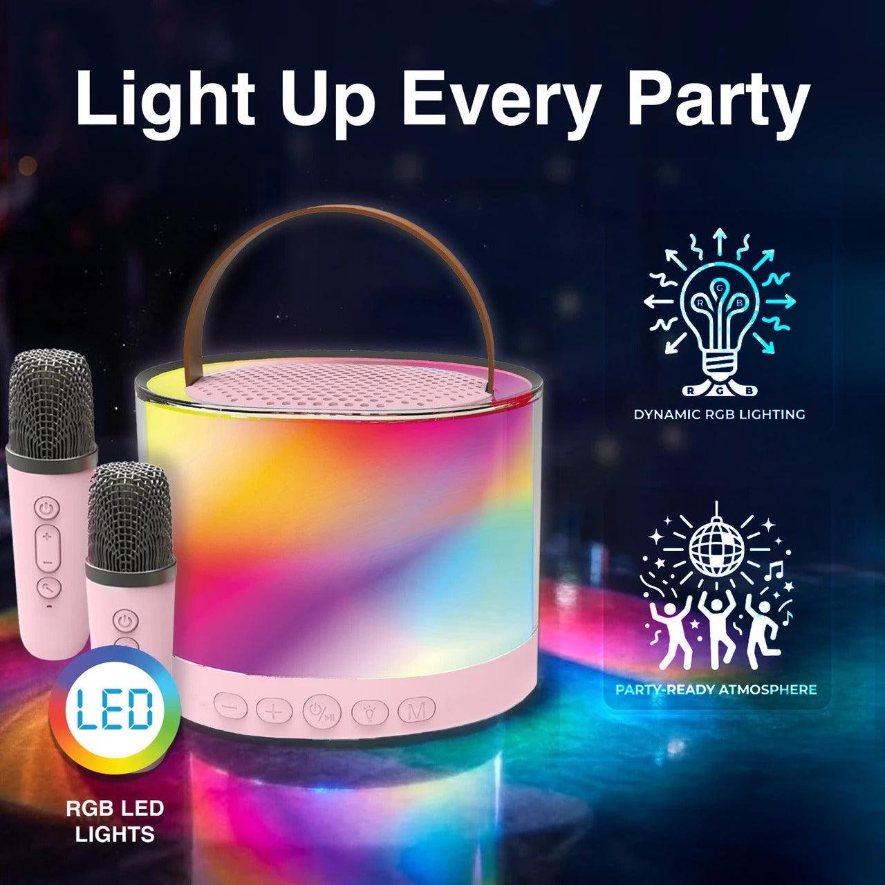 Laser Mini RGB Karaoke Speaker with 2 Wireless Mics - Pink