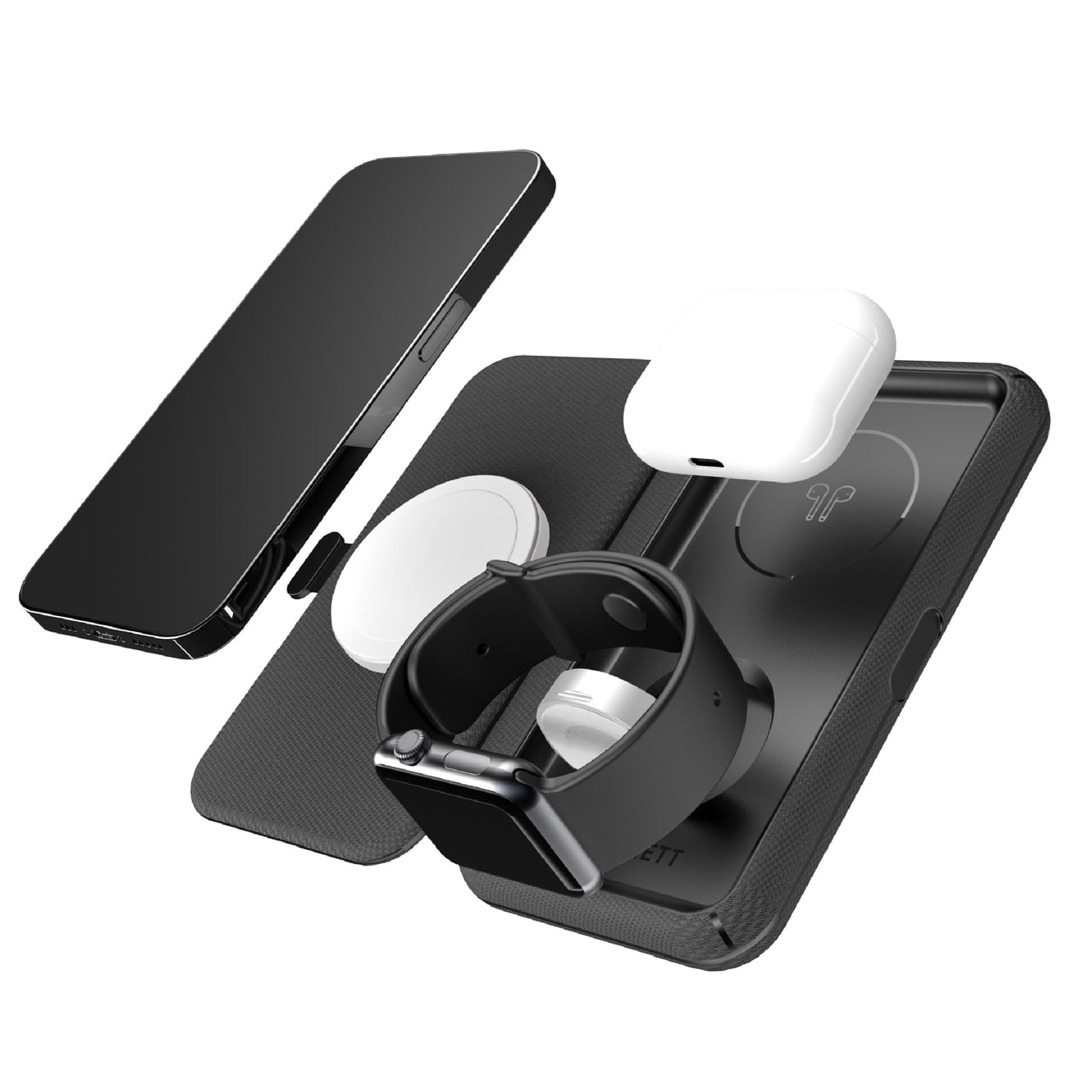 Cygnett MagTravel 15W 3-in-1 Wireless Charger MagSafe & Qi2 Compatible, 1M USB-C Cable - Black