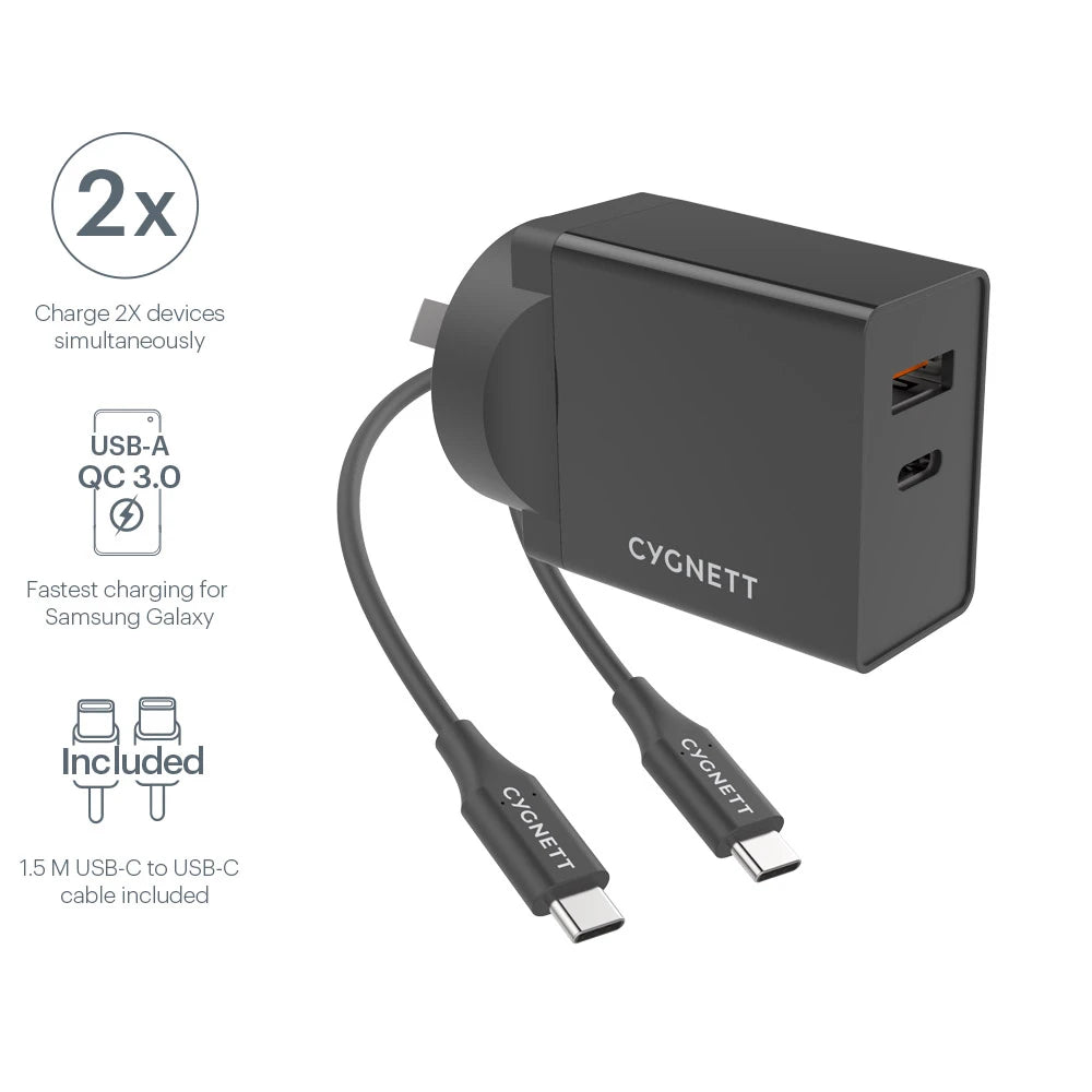 Cygnett Powerplus 18w Usb-c Pd Ac Charger + Usb-c To Usb-c 1.5m Cable - Black