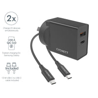Thumbnail for Cygnett Powerplus 18w Usb-c Pd Ac Charger + Usb-c To Usb-c 1.5m Cable - Black