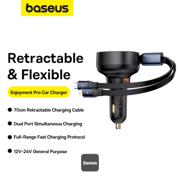 Baseus Enjoyment Pro Series Car Charger USB-A Port + Type-C & Lightning Retractable Cable 60W  - Black