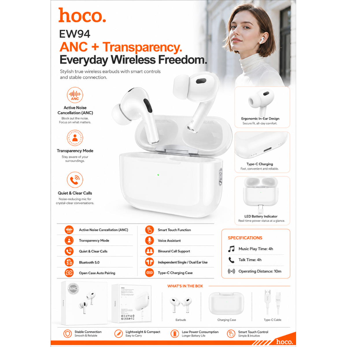 Hoco True Wireless ANC Noise Reduction Bluetooth Headset - White