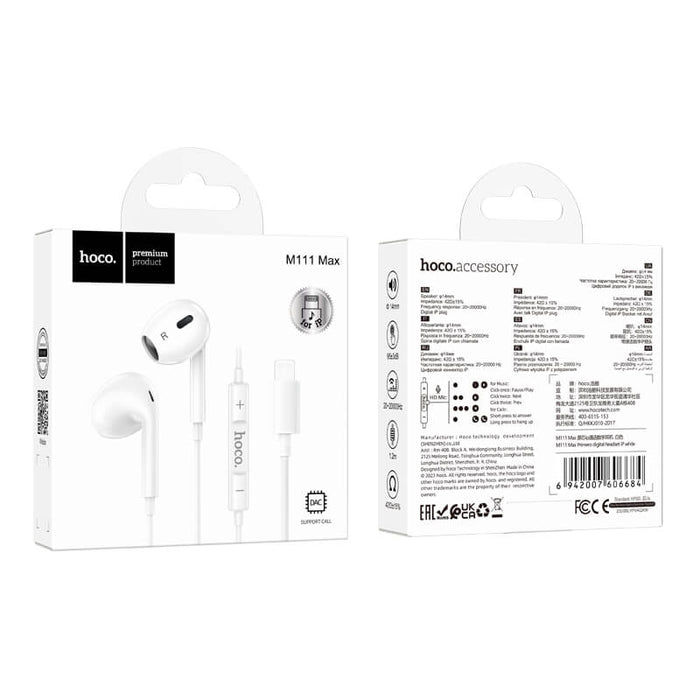 Hoco M111 Max Plug And Play Primero Digital Lightning Handsfree - White
