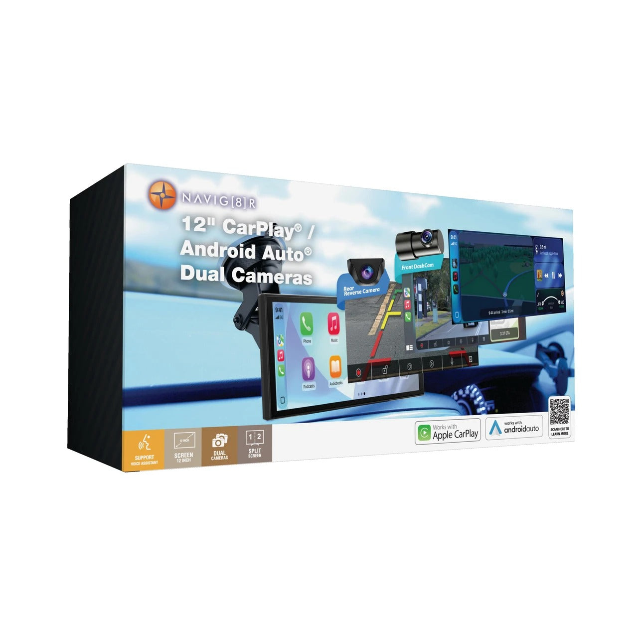 Navig8r 12-inch CarPlay Android Auto Dual Camera