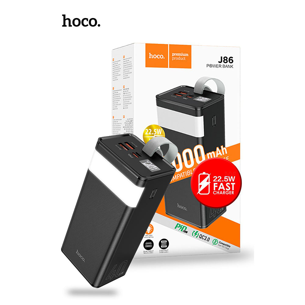 Hoco 40000mAh QC3.0 22.5W PD Big Powerbank Battery w LED Lamp Outdoors- Black