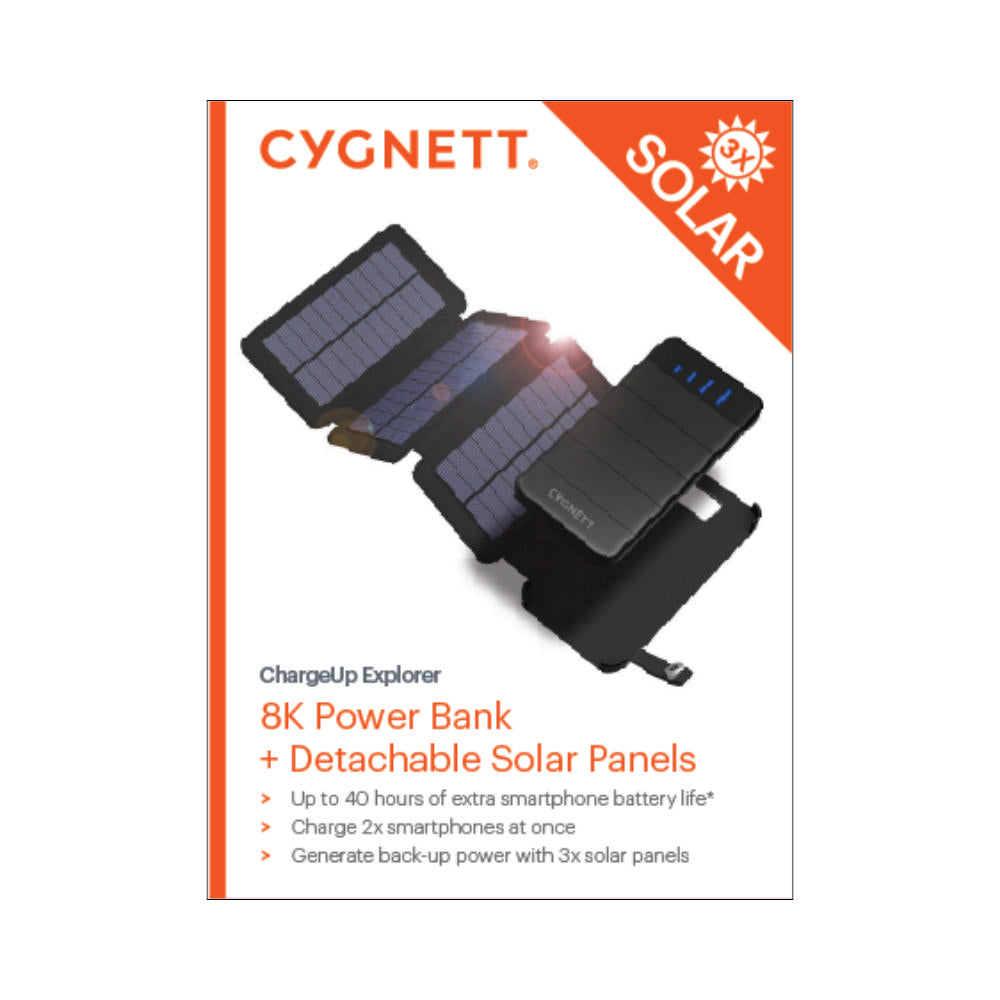 Cygnett Chargeup Explorer 8000mah Power Bank & Detachable Solar Panels - Black