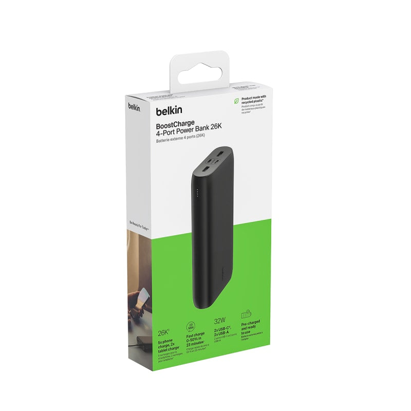 Belkin Boostcharge Power Bank 4 Port 26,000 mAh Battery 32W - Black  (TSA Carry-on Approved)