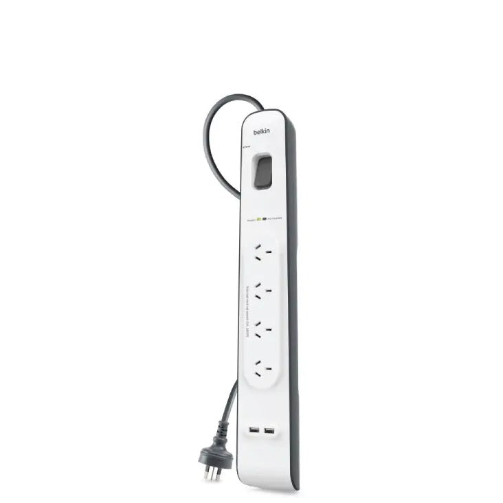 Belkin 4-Outlet Surge Protector Powerboard with 2Meter Lead 2 x USB Charging Ports  - White/Grey