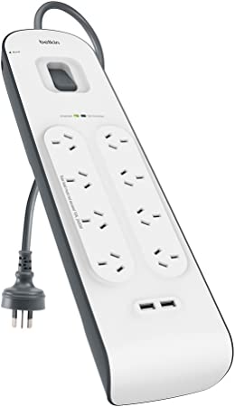 Belkin 8-outlet Surge Protection Powerbaord 2 x USB Charging Ports - White/Grey