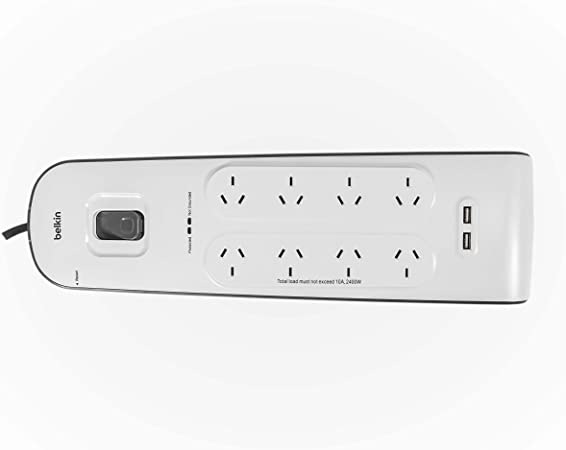Belkin 8-outlet Surge Protection Powerbaord 2 x USB Charging Ports - White/Grey