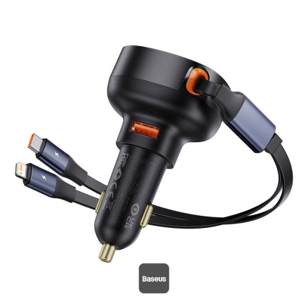 Baseus Enjoyment Pro Series Car Charger USB-A Port + Type-C & Lightning Retractable Cable 60W  - Black