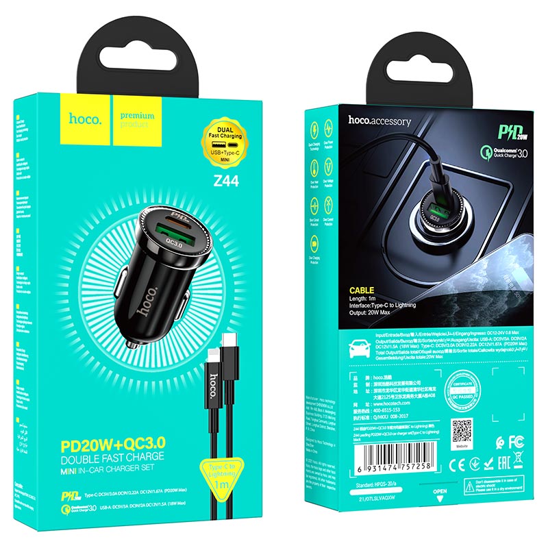 Hoco PD 20W MINI Car Charger with USB-C to Lightning Cable Set |QC3.0| Z44 - Black
