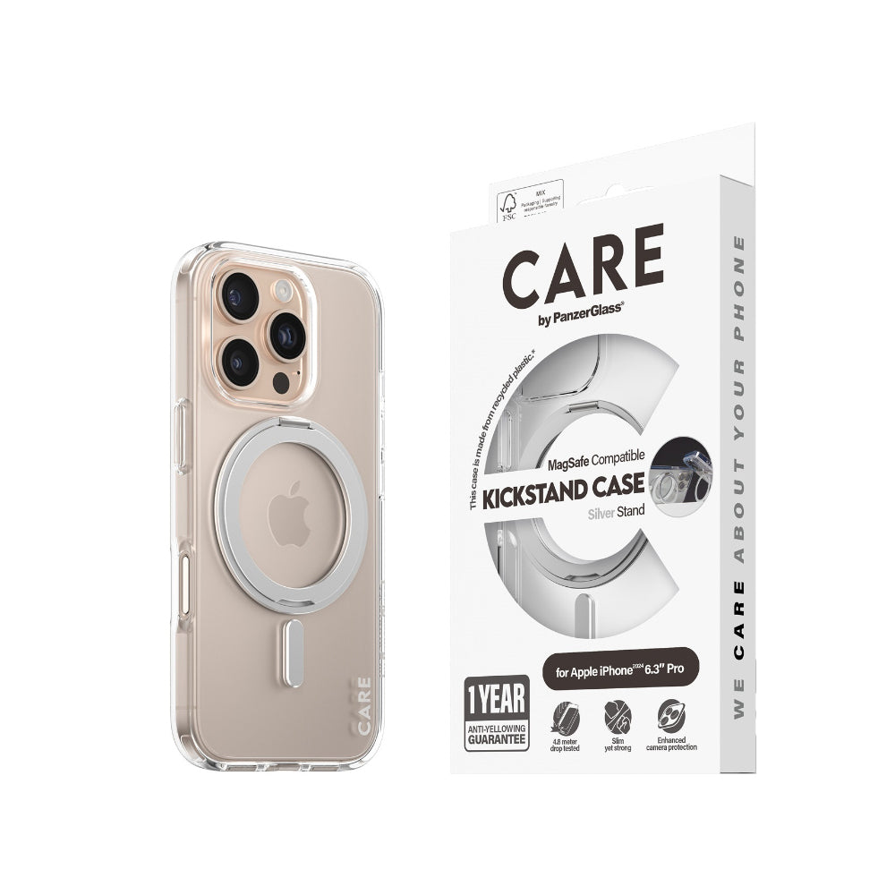 PanzerGlass CARE MagaSafe & KickStand Compatible Case for Apple iPhone 16 Pro - Silver