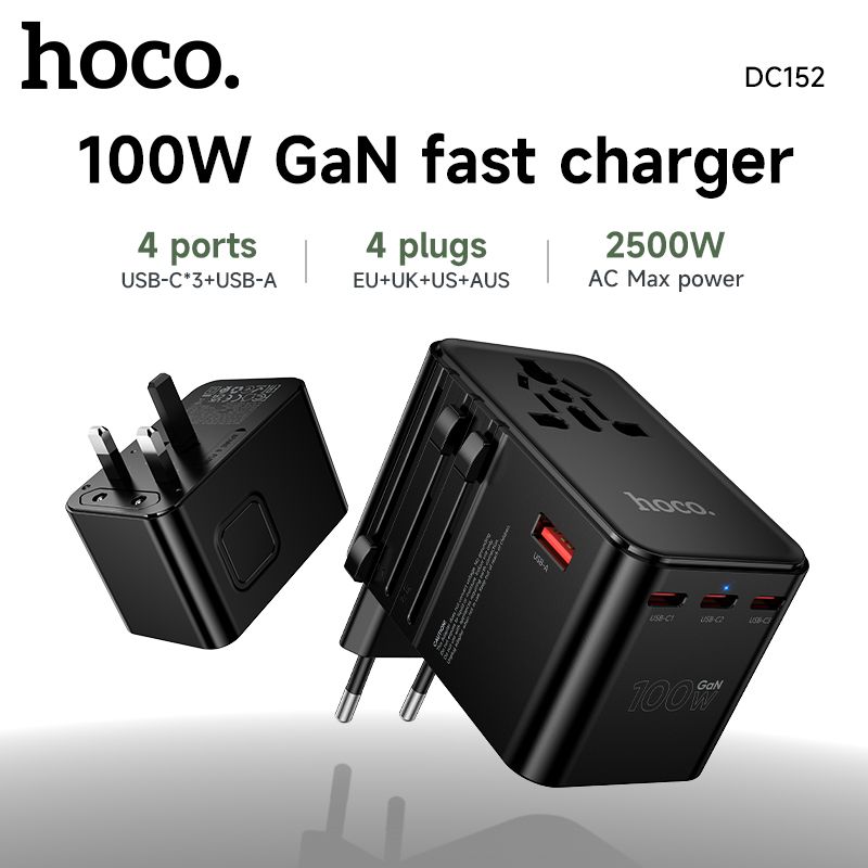Hoco Travel Adapter 100W GaN with Fast Charging 4 Port Type-C and USB-A  - Black