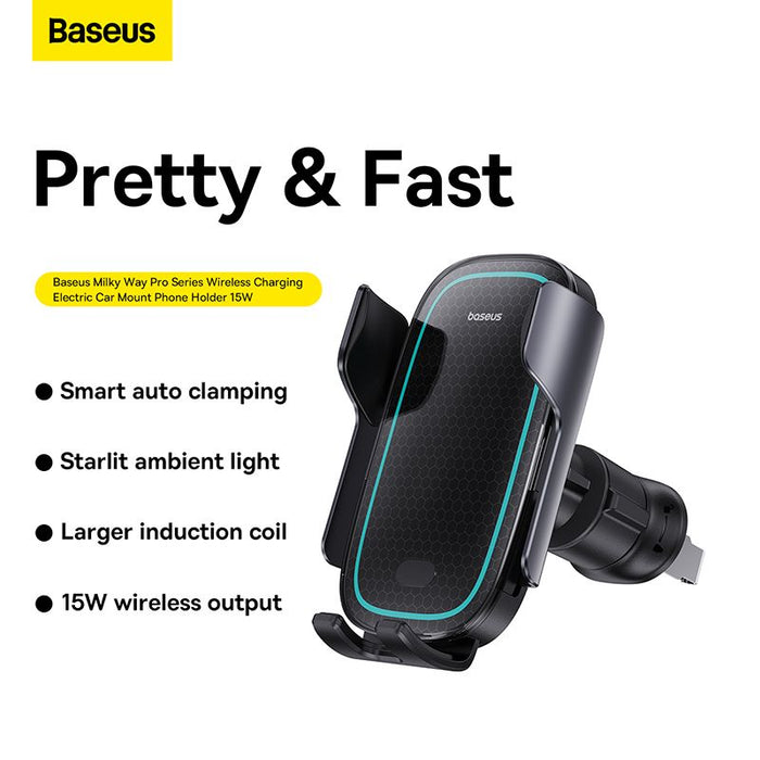 Baseus (15W) Milky Way Pro Wireless Charger / Auto Lock / Air Vent Car Mount Holder - Black